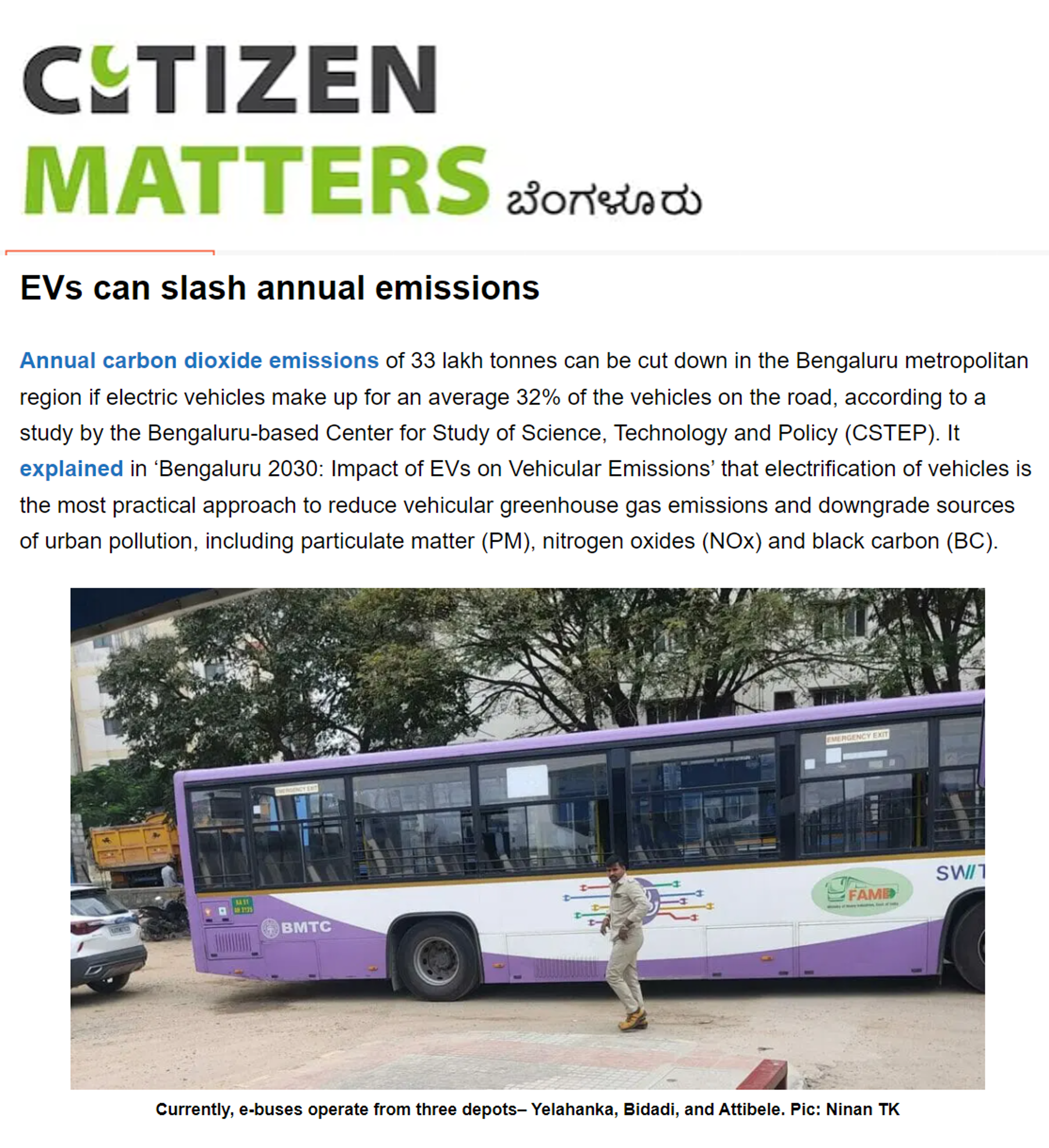 CSTEP’s study on the impact of electric vehicles on vehicular emissions covered by Citizen Matters